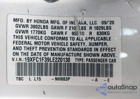 2020 Honda Civic Ex from USA, damaged, VIN 19XFC1F39LE220130